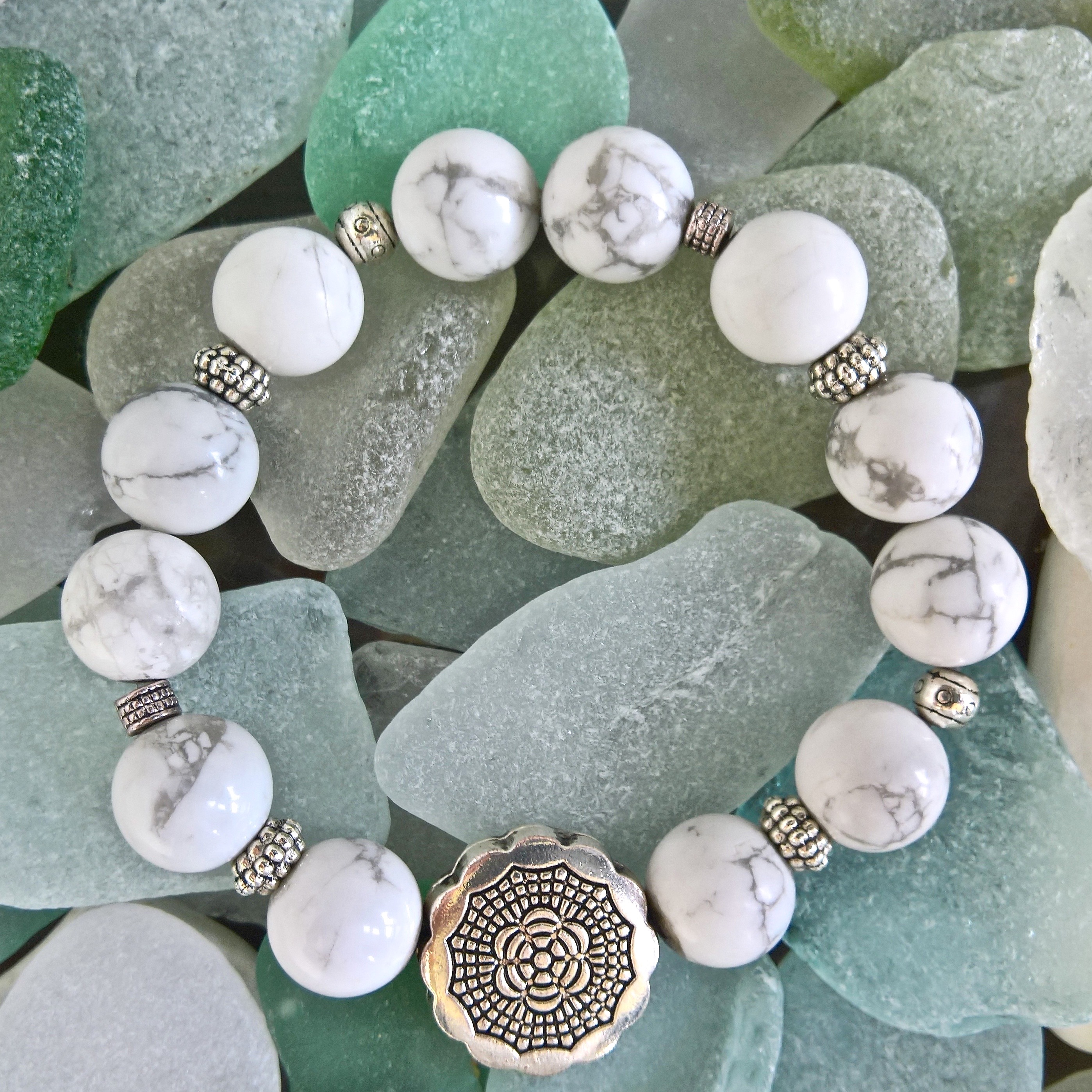 8mm White Howlite and Lava Stone Beaded Stretchy Bracelet with Hamsa Hand |  Stone beads, Stone bracelet, White howlite